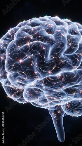 Conceptual illustration of a glowing human brain with neural pathways and abstract sparks on a dark background
