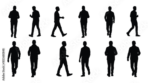 Set of male silhouettes in various walking and running poses isolated on white background, Vector