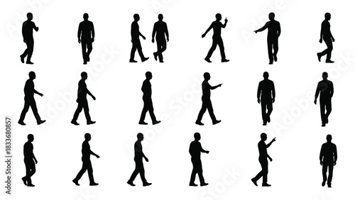 Human silhouettes in various poses and walks isolated on white background, Vector