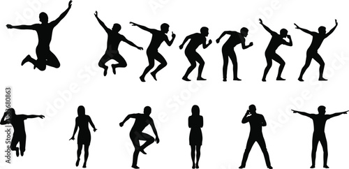 Human pose and movement silhouette illustration set, dynamic and expressive body gesture vector, black and white graphic