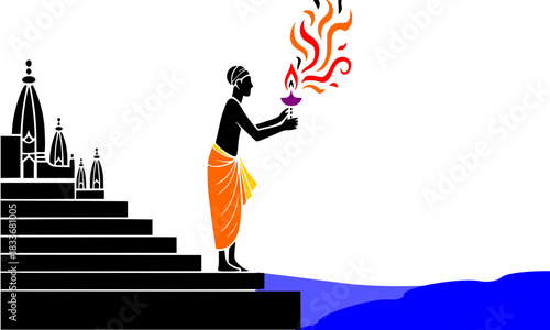 Ganga Aarti Ceremony on the River Ganges Ghats Vector Illustration