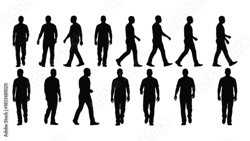 Men walking silhouettes collection isolated on white background, Vector
