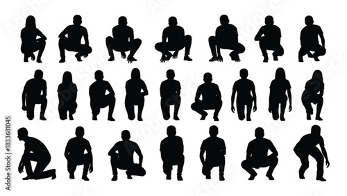 People squatting and crouching silhouettes isolated on white background, Vector