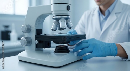 Scientist adjusts a microscope, wearing gloves and lab coat in bright lab
