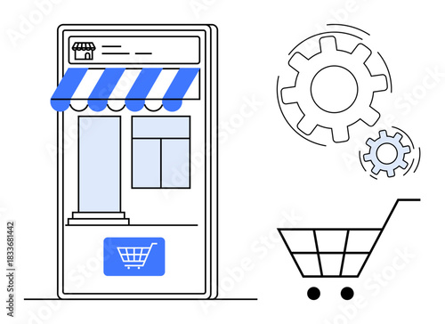 Online shopping, e-commerce platforms, business optimization, digital marketing, store setup, technology innovation. Digital storefront with shopping cart and gear icons. Online shopping