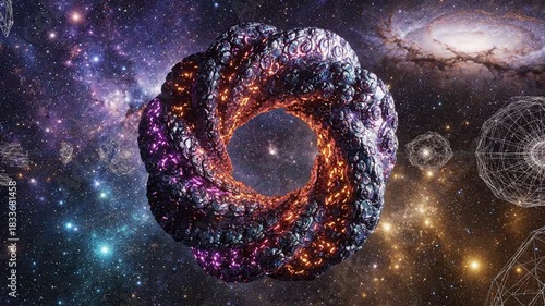 Abstract illustration of a luminous structure in the cosmic universe with celestial elements and stars