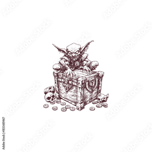 illustration of a sinister goblin or imp emerging from a richly decorated treasure chest, surrounded by scattered gold coins and skulls