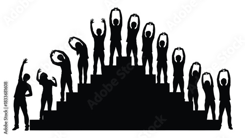 Group exercise silhouette on steps isolated on white background, Vector