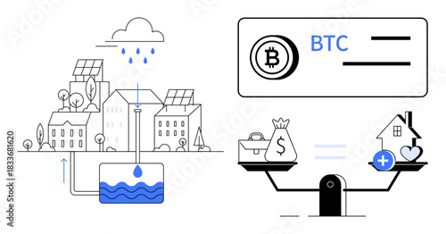 Sustainable living. Renewable energy resources thumbs up rainwater harvesting and solar panels promote sustainable living. Sustainable living links finances and balanced lifestyles with value