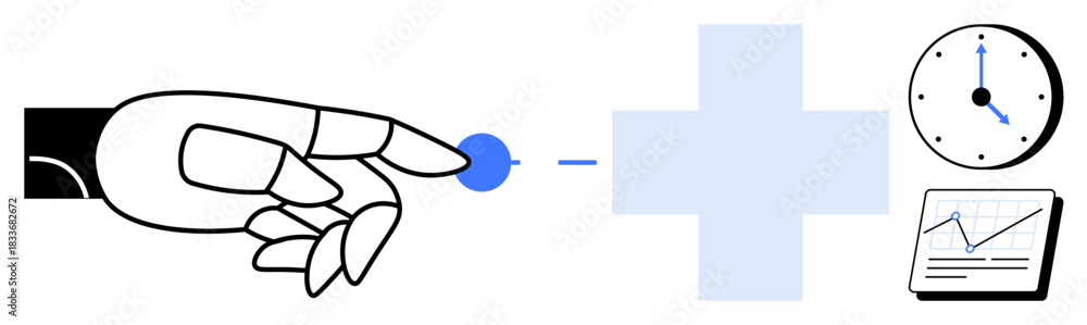 Fototapeta premium Robotic hand touching a digital interface with a plus sign, clock, and analytics chart. Ideal for healthcare, AI, innovation, automation, time management data analysis futuristic design. Clean