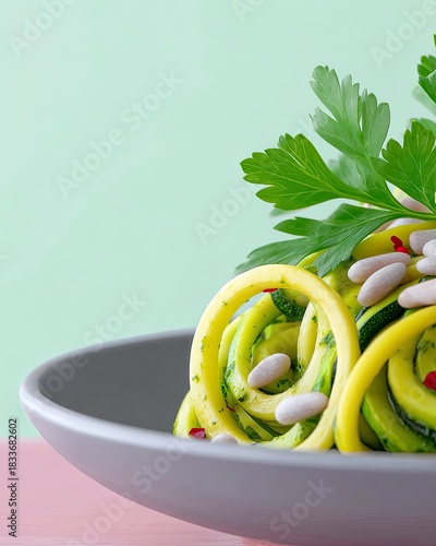 Close-up of zucchini noodles with pine nuts and parsley in a gray bowl. The dish is set against a pink and green background.