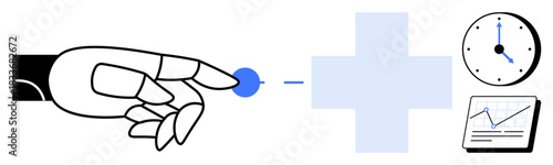 Robotic hand touching a digital interface with a plus sign, clock, and analytics chart. Ideal for healthcare, AI, innovation, automation, time management data analysis futuristic design. Clean