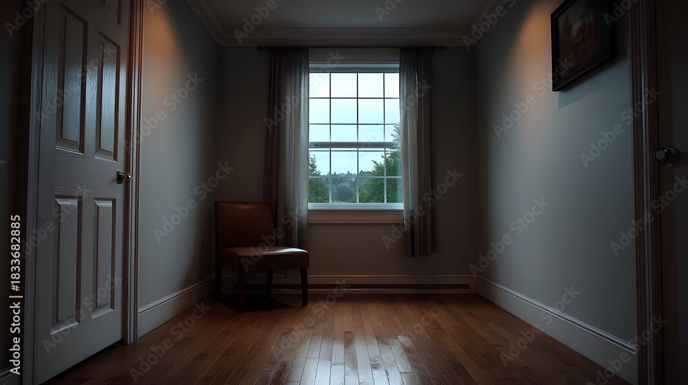 Naklejka premium A tranquil room interior with a chair by the window illuminated by soft moody twilight