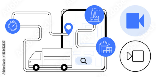Logistics, delivery management, technology, supply chain, real-time tracking, monitoring systems. Routing map with truck, timer factory warehouse icons. Logistics and delivery management concept
