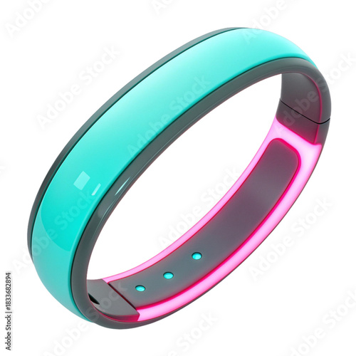 Sleek turquoise smart band with vibrant pink glow, a modern fitness accessory for tracking health, a cutting-edge wearable technology for active lifestyles