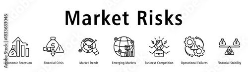 Market Risks banner illustrating recession, crisis, trends, markets, competition, failures, and stability.