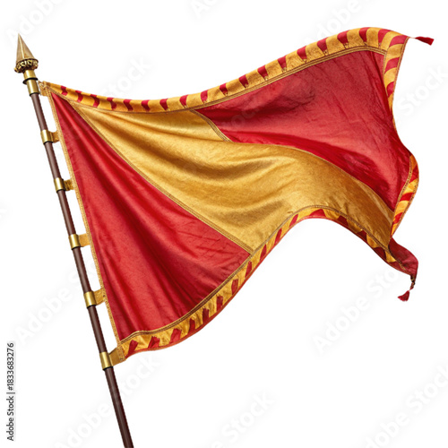 Regal red and gold flag waving proudly, a symbol of victory and heritage, perfect for historical dramas and epic tales of power and adventure