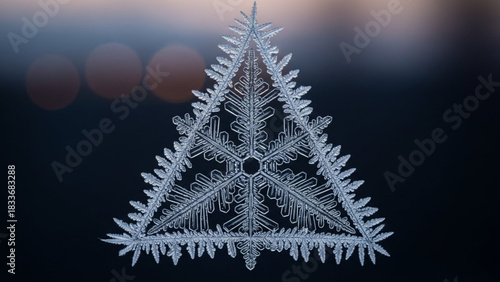 An intricate triangular snowflake crystal with delicate fractal branches illuminated against a dark background with soft bokeh lights