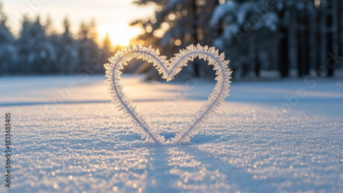 A delicate ice heart sculpture stands in sparkling snow during a golden sunrise with frosted trees in the background