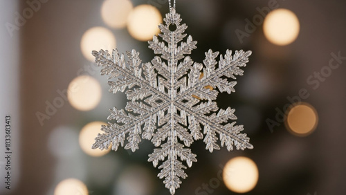 A detailed sparkling silver snowflake ornament hangs in front of a softly blurred background of warm glowing christmas lights and a hint of a green tree