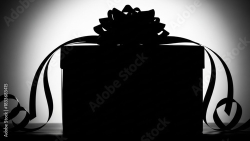 A mysterious black silhouette of a gift box with a large decorative bow and flowing ribbons against a gradient background symbolizing surprise and anticipation