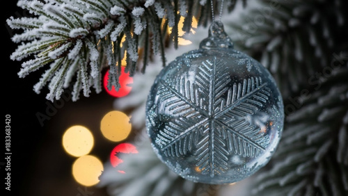 A close up macro shot of a frosted pine branch with a sparkly snowflake christmas ornament and blurred bokeh lights in the background
