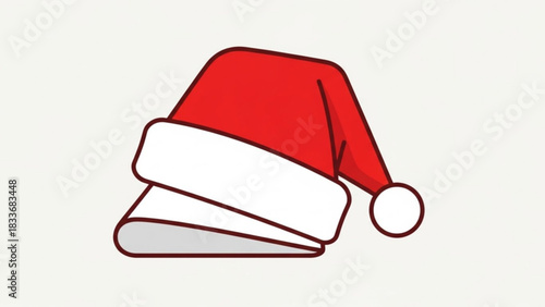 A simple clean illustration of a classic red santa claus hat with a white fuzzy trim and a pom pom set against a plain background