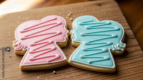 Two beautifully decorated sugar cookies shaped like profile silhouettes one pink and one blue adorned with icing and edible glitter on a wooden surface