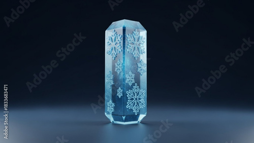 A faceted crystal obelisk adorned with delicate snowflakes glowing with an ethereal blue light against a dark moody background evoking winter magic and icy beauty