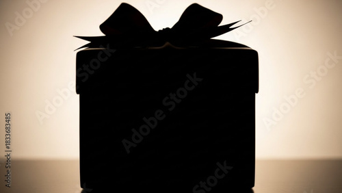A dark silhouette of a square gift box with a prominent bow on top set against a warm softly lit background emphasizing mystery and anticipation