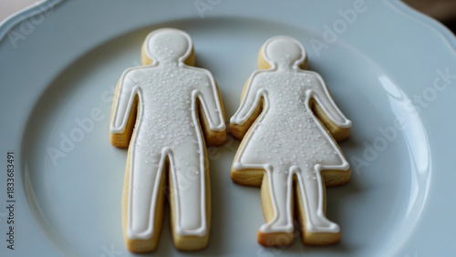 Two gingerbread cookies shaped like a man and a woman decorated with white icing and sugar sprinkles presented on a light blue plate