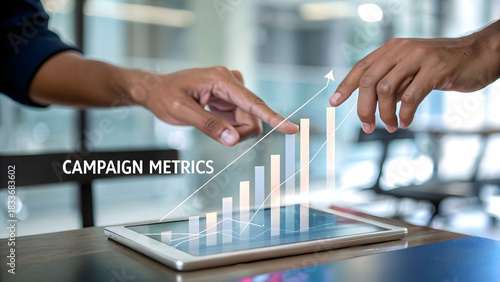 SaaS Marketing Automation Two hands analyze digital tablet displaying rising campaign metrics with a glowing bar graph.
