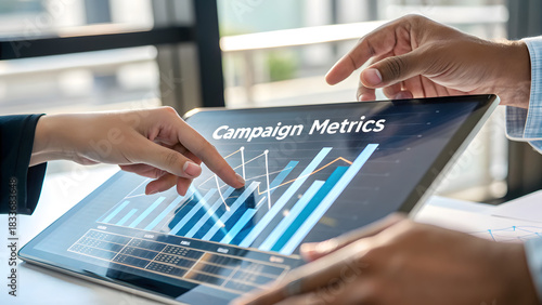 SaaS Marketing Automation Two people review campaign metrics and bar charts on a digital tablet in a modern office setting.