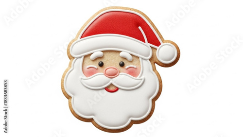 A festive gingerbread cookie shaped like santa claus s cheerful face decorated with red and white icing perfect for christmas celebrations and holiday baking themes