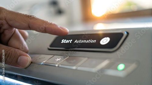 SaaS Marketing Automation A finger presses a start automation button on a modern electronic control panel.