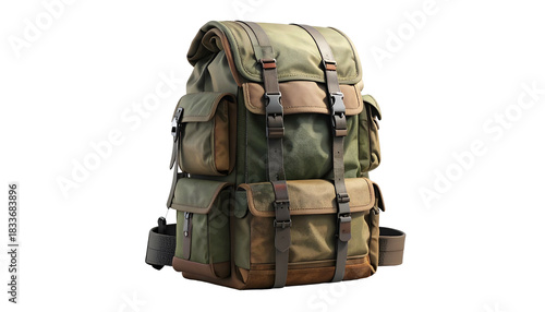 Detailed photo of an olive green and brown, large, rugged hiking backpack