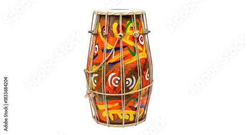 Indian Dholak drum with colorful tribal pattern isolated PNG with Transparent Background