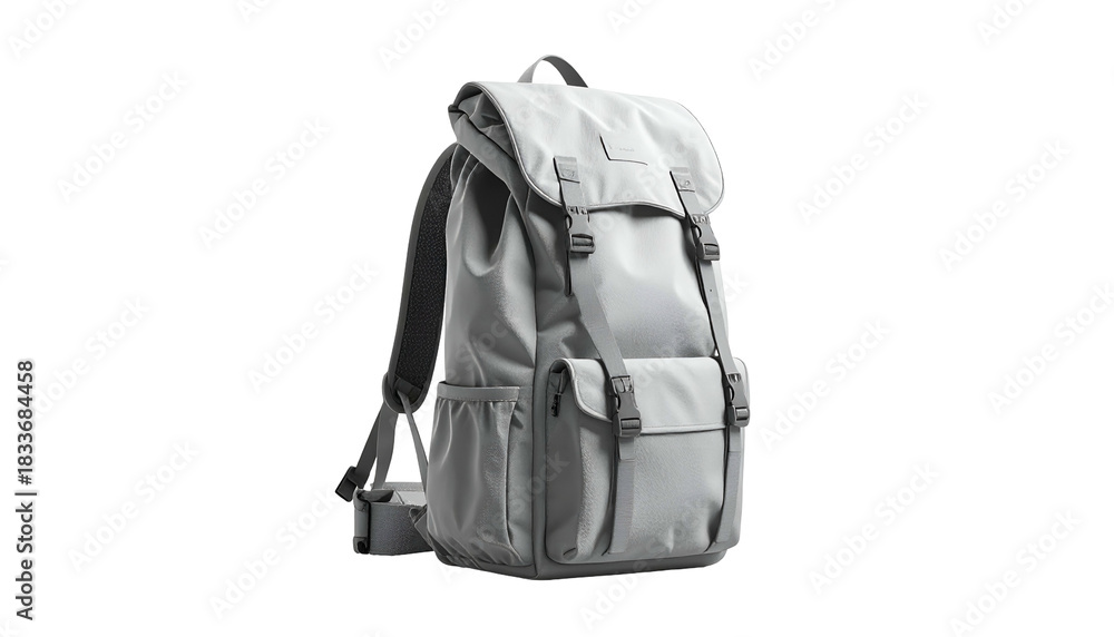 Fototapeta premium A gray backpack stands against black. It features multiple pockets, straps, and buckles