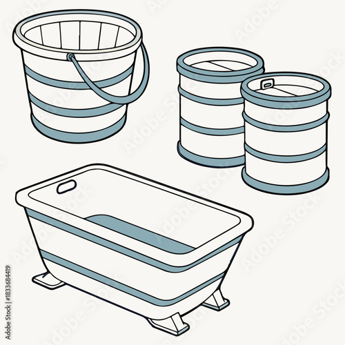 Clean illustration of isolated blue plastic storage container and bath accessories