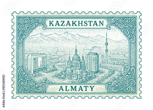 vintage postage stamp depicts almaty city - kazakhstan (sketch drawing)
