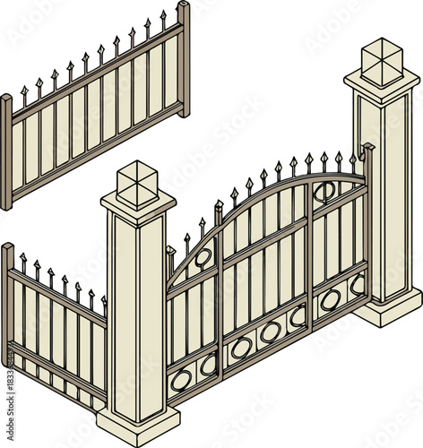 Wrought iron gate and fence architecture metal entrance design vector illustration