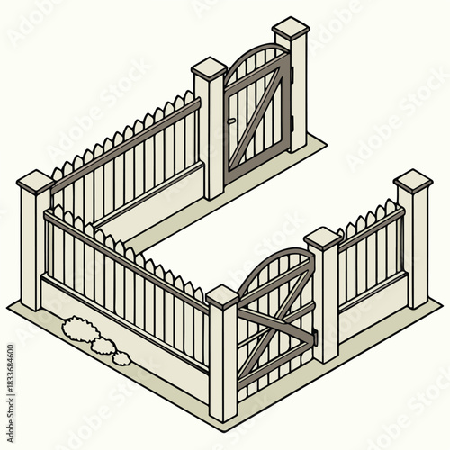 Black and white vector illustration of a building with a spiral staircase, metal railing, and wooden steps