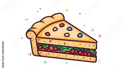 A whimsical cartoon illustration of a triangular sandwich with colorful candy toppings and a filling of red berries and green leaves on a white background with confetti