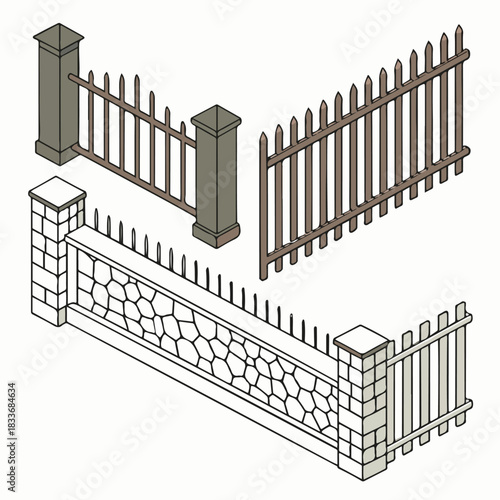 Vector illustration of a white wooden picket fence and gate for a house with a blue sky, 3d render
