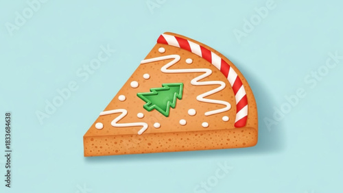 A delicious slice of christmas pizza gingerbread cookie decorated with white icing a green christmas tree and red and white candy cane border on a light blue background