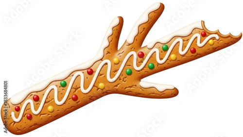 A festive gingerbread cookie shaped like a reindeer antler decorated with white icing and colorful candy dots isolated on a white background perfect for holiday designs