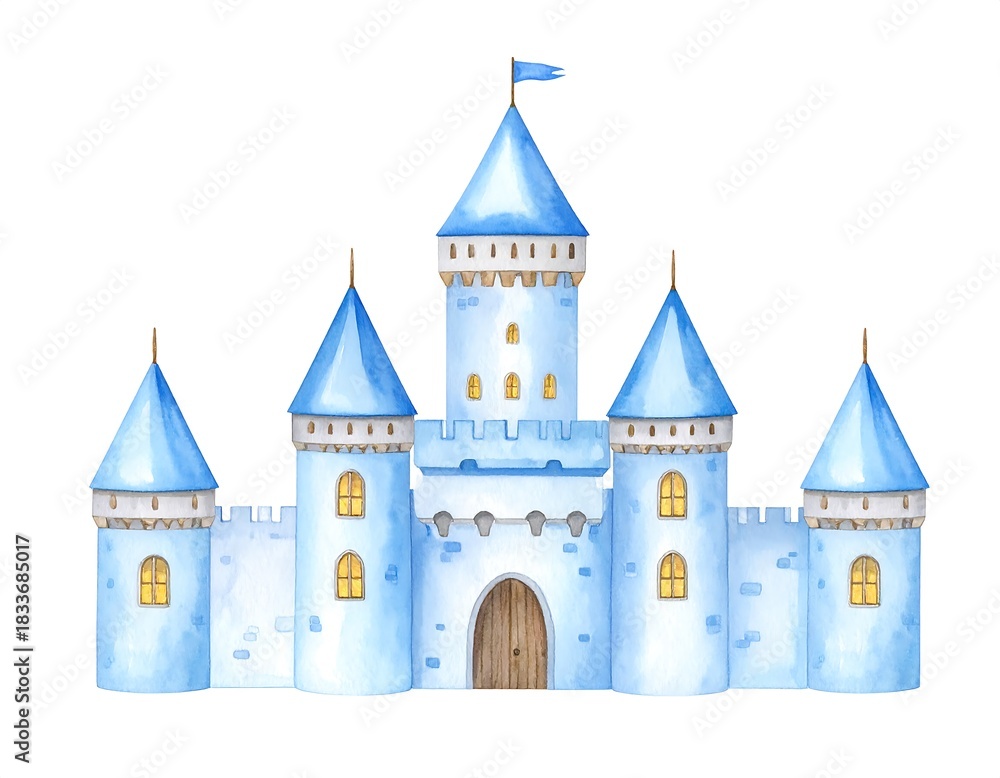 Obraz premium A whimsical watercolor illustration depicts a fairytale castle with blue turrets, a wooden door, and a small flag