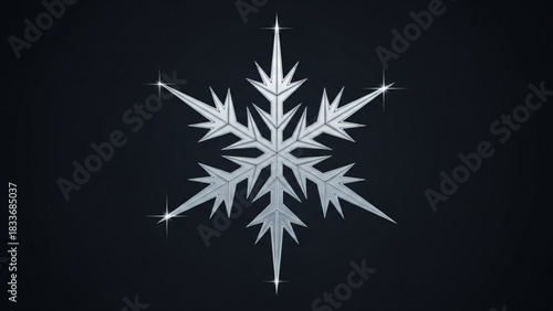 A striking stylized silver snowflake with sharp geometric points and sparkling highlights against a dark gradient background symbolizing winter and elegance