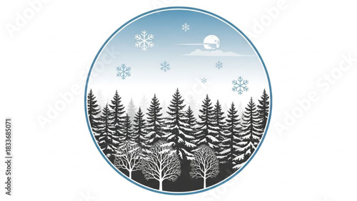 A serene winter forest scene unfolds under a clear blue sky with a full moon and falling snowflakes captured within a circular frame