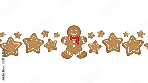 A festive horizontal border of gingerbread cookies featuring a smiling gingerbread man with a red bow tie and various sized star cookies decorated with white icing on a clean white background